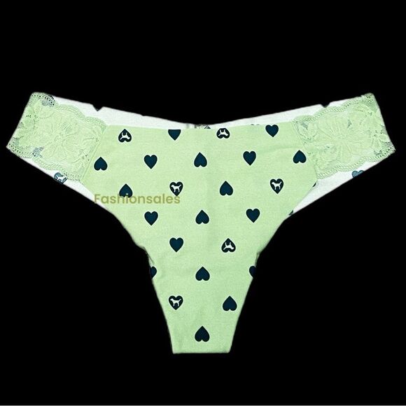 Victorias Secret Pink No Show Supersoft Thong panty Lace Sides green hearts XXL - Picture 1 of 3
